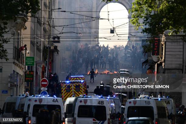 Protesters clash with CRS riot police at the Porte d'Aix in Marseille, southern France on June 30 over the shooting of a teenage driver by French...