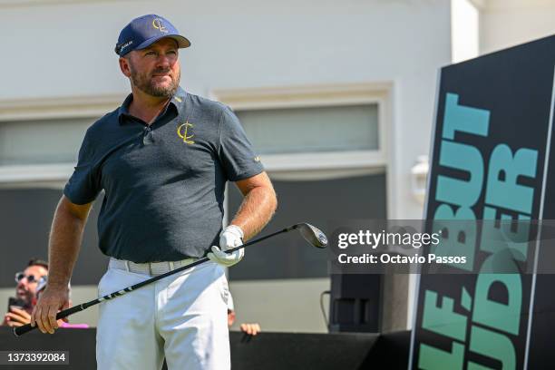 Graeme McDowell of Cleeks GC looks before plays his tee shot on the 10th hole during day one of LIV Golf - AndalucÌa at Real Club Valderrama on June...