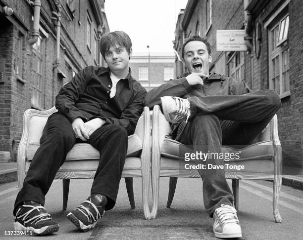 British TV presenters Ant and Dec, Camden, London, April 1997. Left to right: Declan Donnelly and Anthony McPartlin.