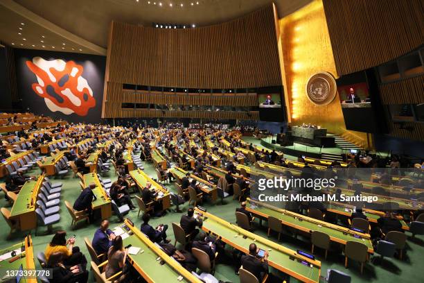 Members of the United Nations Security Council listen as President of the United Nations General Assembly Abdulla Shahid of the Maldives during a...
