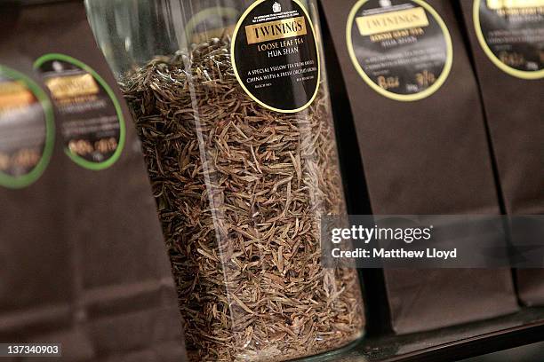 Leaf tea on display in the Twinings tea shop at 216 The Strand on January 19, 2012 in London, England. This shop has been trading since 1706 and is...
