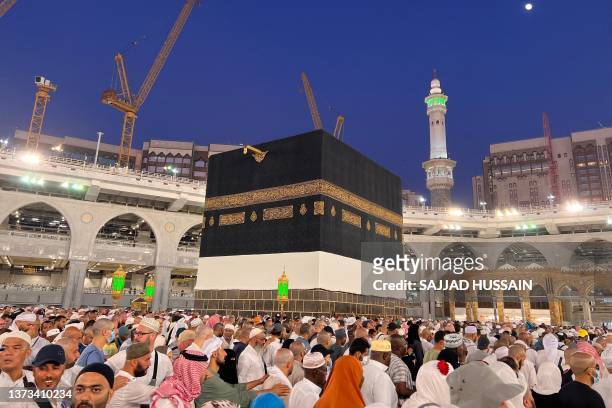 Muslim pilgrims gather around the Kaaba, Islam's holiest shrine, at the Grand Mosque in the holy city of Mecca on June 30, 2023 during the annual...