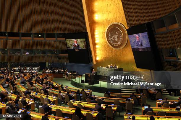 Members of the United Nations Security Council listen as United Nations Secretary General António Guterres speaks during during a special session of...