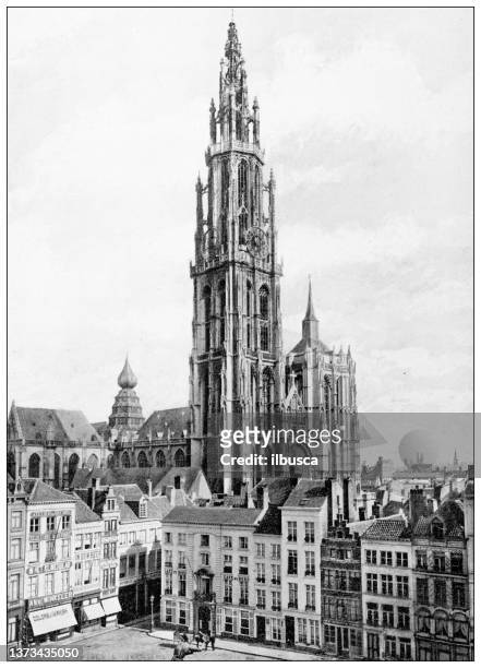 stockillustraties, clipart, cartoons en iconen met antique travel photographs of belgium: cathedral of our lady (antwerp) - kathedraal