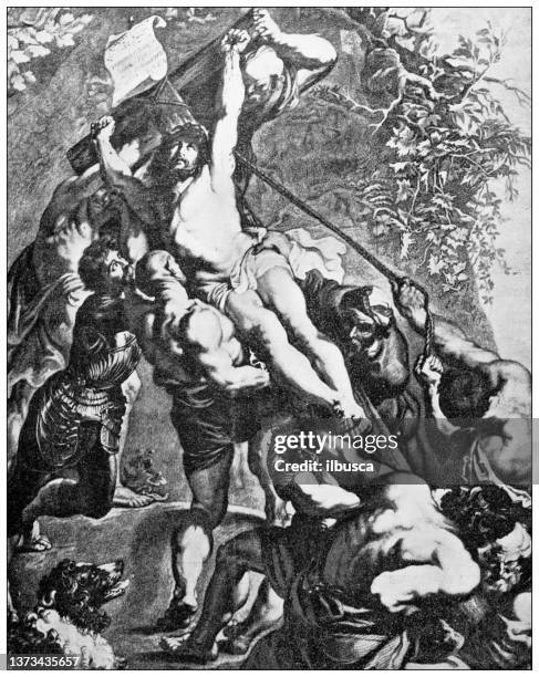 stockillustraties, clipart, cartoons en iconen met antique travel photographs of belgium: "elevation of the cross" by rubens - golgotha jeruzalem