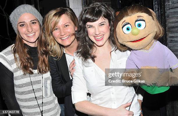 Sara Bareilles and Jennifer Nettles visit with the cast at "Avenue Q" Off-Broadway at New World Stages on January 18, 2012 in New York City.