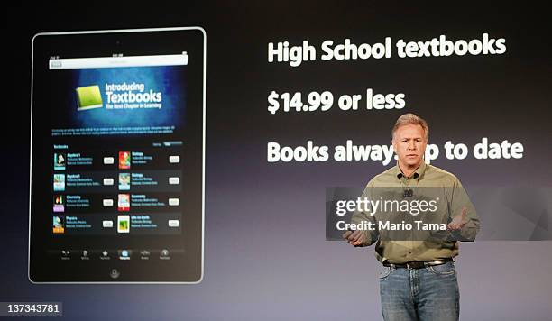 Philip Schiller, Apple's senior vice president of Worldwide Marketing, speaks about Apple's plan to "reinvent" textbooks at an event at the...