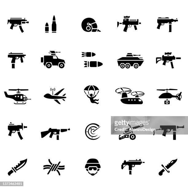 illustrazioni stock, clip art, cartoni animati e icone di tendenza di icone di guerra e dell'esercito. - military helicopter