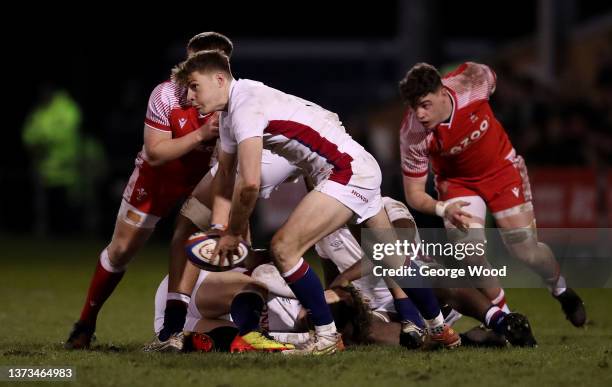 Sam Edwards of England carries the ball during the Under-20 Six Nations match between England U20 and Wales U20 at Castle Park on February 25, 2022...