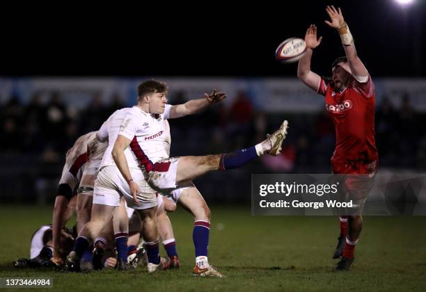 Sam Edwards of England kicks the ball is put upfield during the Under-20 Six Nations match between England U20 and Wales U20 at Castle Park on...