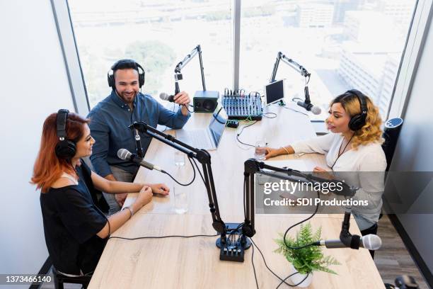 high angle view studio with state-of-the-art equipment during interview - studio interview stockfoto's en -beelden