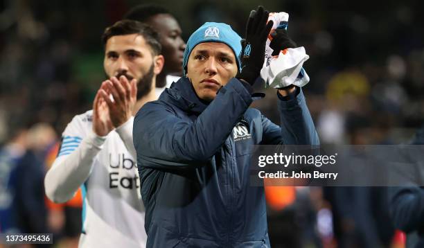 Amine Harit of Marseille salutes the supporters following the Ligue 1 Uber Eats match between ESTAC Troyes and Olympique de Marseille at Stade de...
