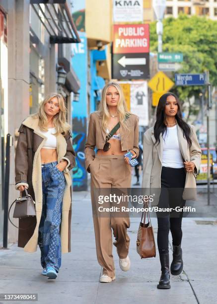 Elsa Hosk, Romee Strijd and Jasmine Tookes are seen on February 25, 2022 in Los Angeles, California.