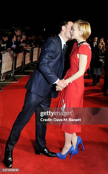 Actors Michael Fassbender and Carey Mulligan attend the London Film Critics' Circle Awards 2012 at BFI Southbank on January 19, 2012 in London,...