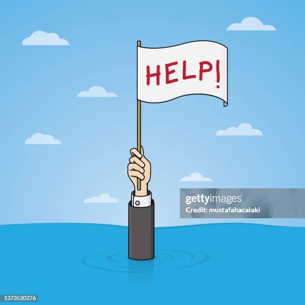 ilustrações de stock, clip art, desenhos animados e ícones de drowning businessman holding a help written white flag - white flag