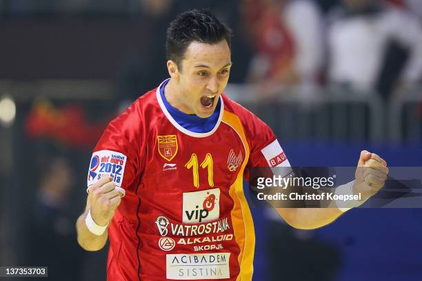 Vladimir Temelkov of Macedonia celebrates a goal during the Men's European Handball Championship group B match between Czech Republic and Macedonia...