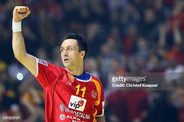Vladimir Temelkov of Macedonia celebrates a goal during the Men's European Handball Championship group B match between Czech Republic and Macedonia...