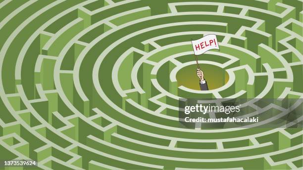 businessman lost in a complex labyrinth asking for help - labyrinthe stock illustrations