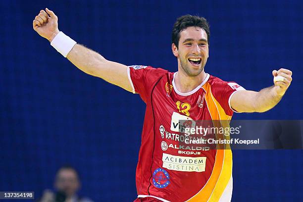 Filip Mirkulovski of Macedonia celebrates a goal during the Men's European Handball Championship group B match between Czech Republic and Macedonia...