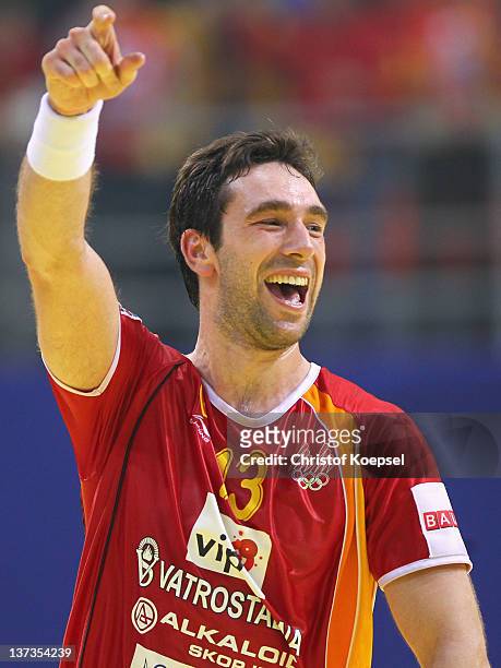 Filip Mirkulovski of Macedonia celebrates a goal during the Men's European Handball Championship group B match between Czech Republic and Macedonia...