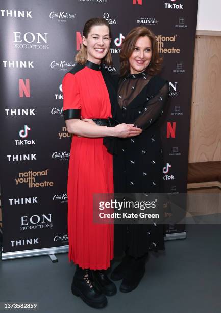 Rosamund Pike and Barbara Broccoli attend the National Youth Theatre Nostalgic Fantastic Fundraising Gala 2022 on February 28, 2022 in London,...