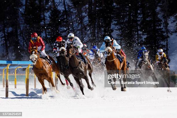 Jockey Tim Burgin riding Autumn twilight leads the Gran Prix of St. Moritz during the 114 White Turf on February 20, 2022 in St Moritz, Switzerland.