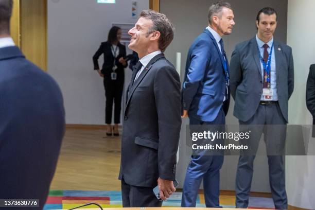 Emmanuel Macron President of the Republic of France arrives at the European Council the Tour de Table - Round Table room at the headquarters of the...