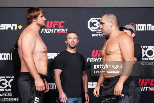 In this UFC handout, Alexandr Romanov of Moldova and Blagoy Ivanov of Bulgaria face off during the UFC Fight Night weigh-in at UFC Apex on June 30,...