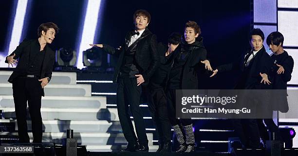 South Korean idol group Super Junior perform on stage during the 21st High1 Seoul Music Awards at Olympic Gymnasium on January 19, 2012 in Seoul,...