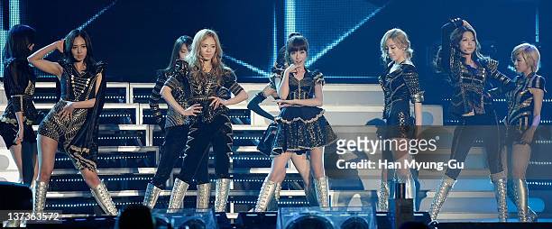 South Korean girl group Girls' Generation perform on stage during the 21st High1 Seoul Music Awards at Olympic Gymnasium on January 19, 2012 in...