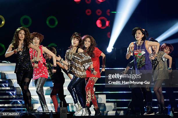 South Korean girl group T-ara perform on stage during the 21st High1 Seoul Music Awards at Olympic Gymnasium on January 19, 2012 in Seoul, South...