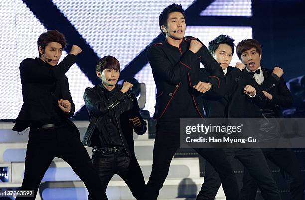 South Korean idol group Super Junior perform on stage during the 21st High1 Seoul Music Awards at Olympic Gymnasium on January 19, 2012 in Seoul,...