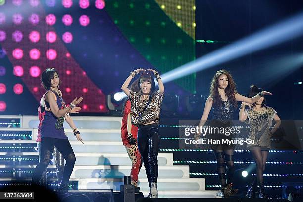 South Korean girl group T-ara perform on stage during the 21st High1 Seoul Music Awards at Olympic Gymnasium on January 19, 2012 in Seoul, South...