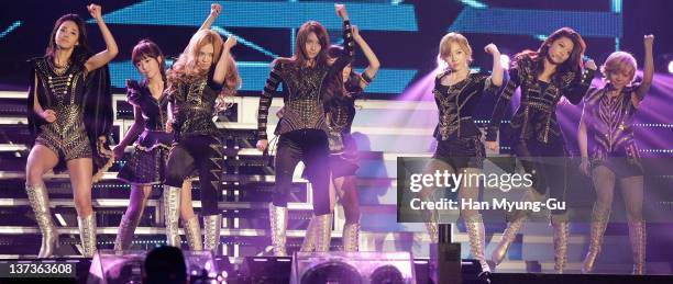 South Korean girl group Girls' Generation perform on stage during the 21st High1 Seoul Music Awards at Olympic Gymnasium on January 19, 2012 in...