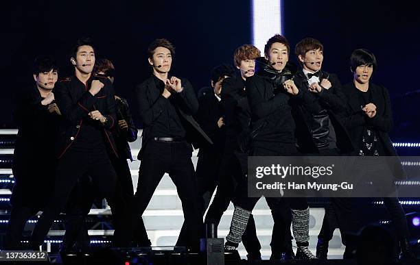 South Korean idol group Super Junior perform on stage during the 21st High1 Seoul Music Awards at Olympic Gymnasium on January 19, 2012 in Seoul,...