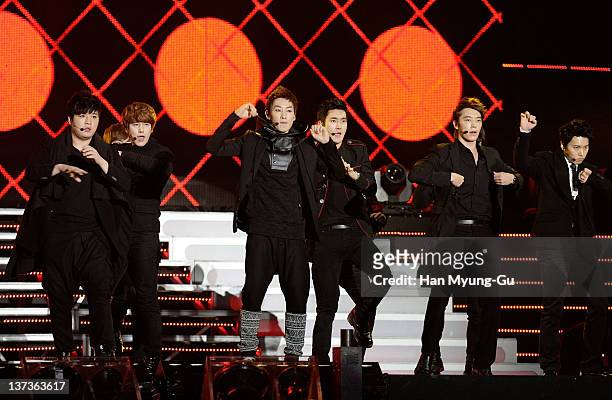 South Korean idol group Super Junior perform on stage during the 21st High1 Seoul Music Awards at Olympic Gymnasium on January 19, 2012 in Seoul,...