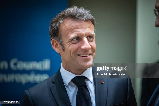 Emmanuel Macron President of the Republic of France at the Tour de Table - Round Table with a smiling face expression at the headquarters of the...