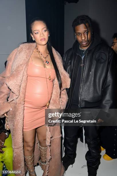 Rihanna and ASAP Rocky attend the Off-White Womenswear Fall/Winter 2022/2023 show as part of Paris Fashion Week on February 28, 2022 in Paris, France.