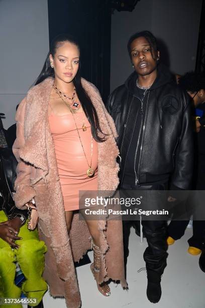 Rihanna and ASAP Rocky attend the Off-White Womenswear Fall/Winter 2022/2023 show as part of Paris Fashion Week on February 28, 2022 in Paris, France.