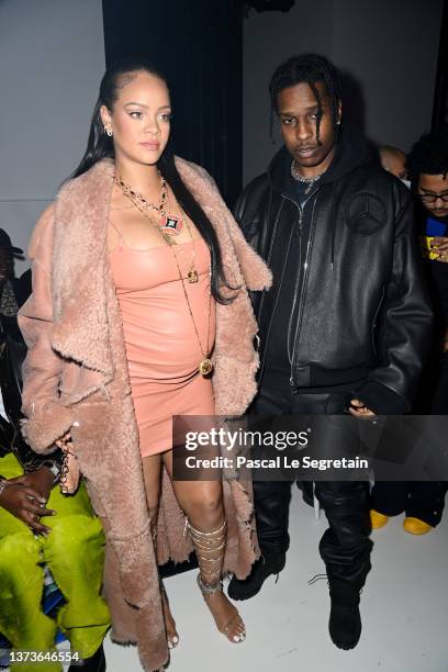 Rihanna and ASAP Rocky attend the Off-White Womenswear Fall/Winter 2022/2023 show as part of Paris Fashion Week on February 28, 2022 in Paris, France.