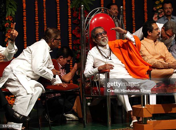 Shivsena chief Balasaheb Thackeray chats during the party workers meeting before upcoming civic elections at Bandra on January 18, 2012 in Mumbai,...