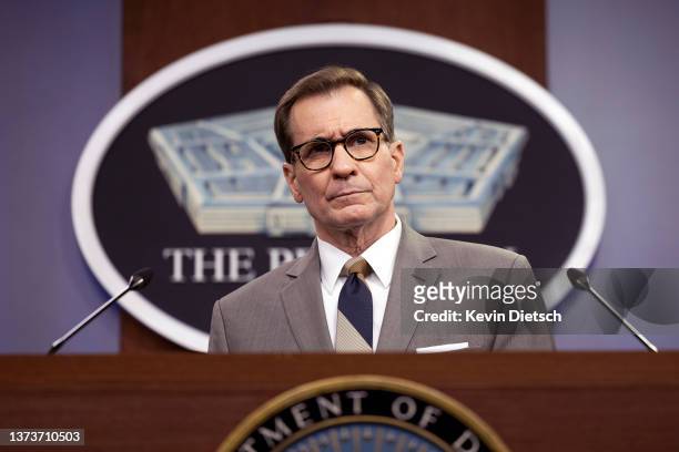 Pentagon Press Secretary John Kirby holds a news briefing at the Pentagon on February 28, 2022 in Arlington, Virginia. Kirby spoke on the ongoing...