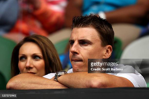 Essendon AFL player Matthew Lloyd watches the third round match between Rafael Nadal of Spain and Lukas Lacko of Slovakia during day five of the 2012...