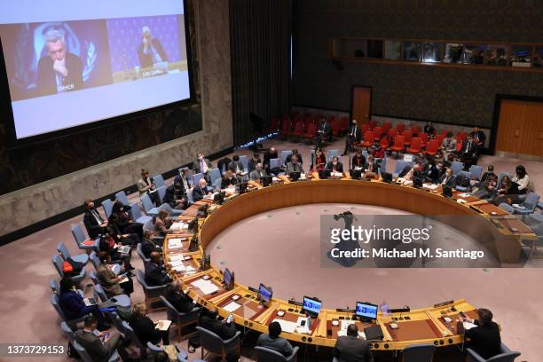 Members of the Security Council meet to address the invasion of Ukraine at the United Nations headquarters on on February 28, 2022 in New York City....
