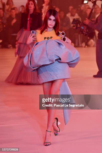 Kaia Gerber walks the runway during the Off-White Womenswear Fall/Winter 2022-2023 show as part of Paris Fashion Week on February 28, 2022 in Paris,...