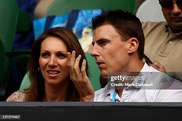 Essendon AFL player Matthew Lloyd watches the third round match between Rafael Nadal of Spain and Lukas Lacko of Slovakia during day five of the 2012...