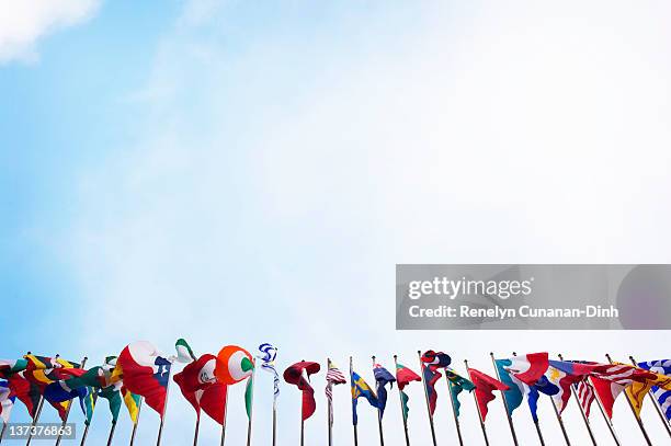 flags under sky - bandeira nacional imagens e fotografias de stock