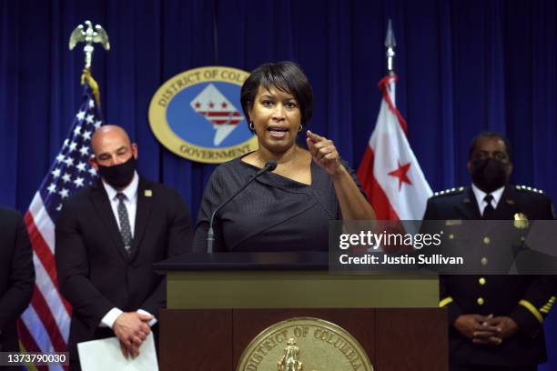 Washington DC Mayor Muriel Bowser speaks during a press conference on February 28, 2022 in Washington, DC. Washington DC Mayor Muriel Bowser was...
