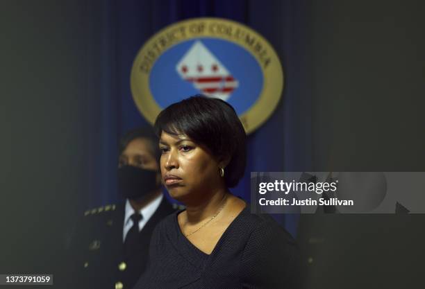 Washington DC Mayor Muriel Bowser looks on during a press conference on February 28, 2022 in Washington, DC. Washington DC Mayor Muriel Bowser was...