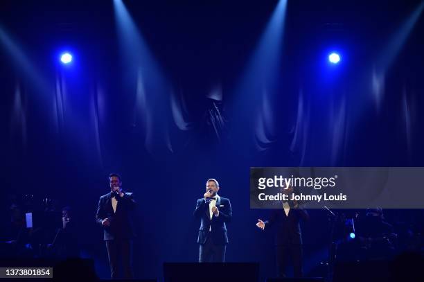 David Miller, Sebastien Izambard and Urs Buhler of Il Divo’s perform live on stage during the “Greatest Hits Tour” at James L. Knight Center on...